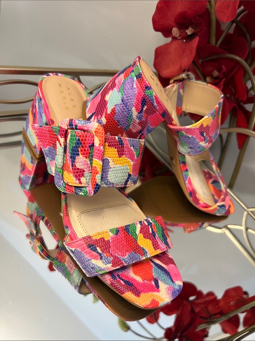 Alex Marie Multi-Color Abstract Reptile Embossed Block Heel Sandals - Size 6.5
